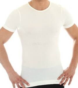 BRUBECK COMFORT WOOL Koszulka męska z krótkim rękawem kremowy